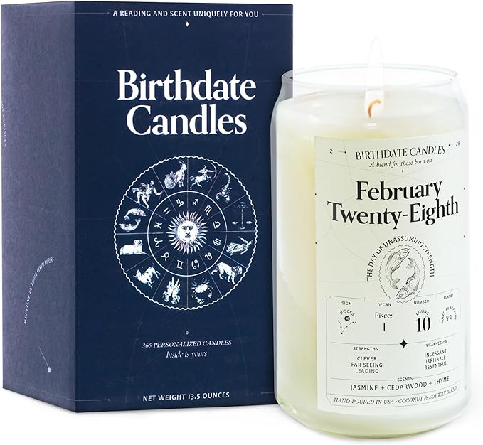 Birthdate Candles, February 28 - Pisces Zodiac Scented Candles Birthday Gift - Jasmine, Cedarwood & Thyme Scent - All-Natural Soy & Coconut Wax, 60-80 Hour Burn Time - Made in USA