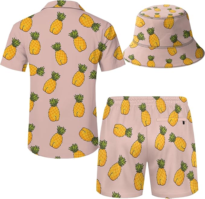 Men's Hawaiian Shirt and Shorts Set 2 Piece Beach Outfits with Bucket Hats for Beach Days and Summer Vibes