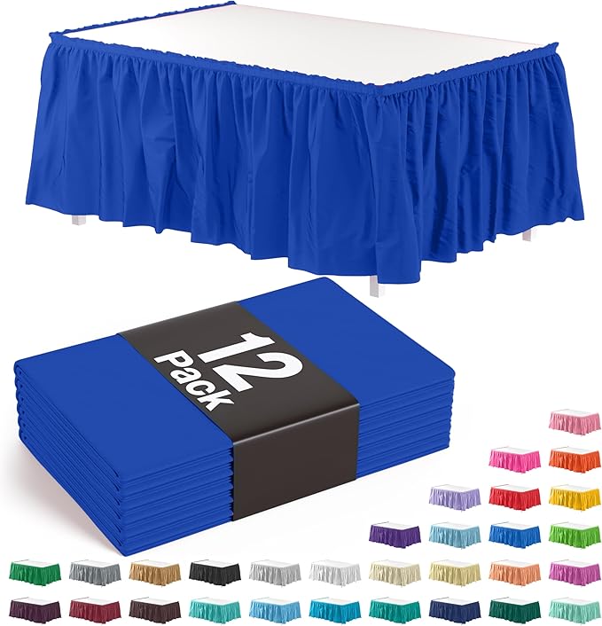 Exquisite Ruffle Table Skirt Dark Blue 12 Pack 14 Ft Long Table Skirts for Rectangle Tables 6ft Plus or Round Tables Skirts with Adhesive Strip for Gender Reveal Decor & Happy Birthday Parties