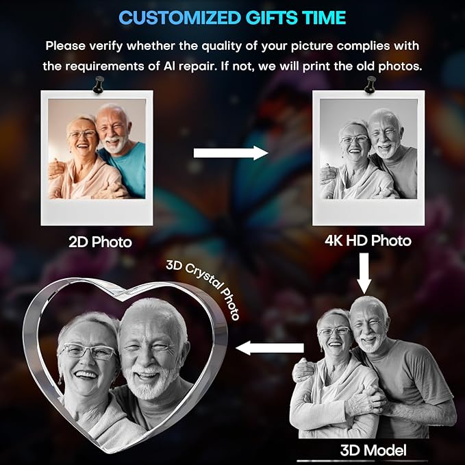3D Crystal Photo Personalized Couple Gift ,Custom Laser Engraved Glass with Your Photo,Valentine’s Day Gifts for Women,Wife,Girlfriend, Romantic Heart-Shaped Keepsake
