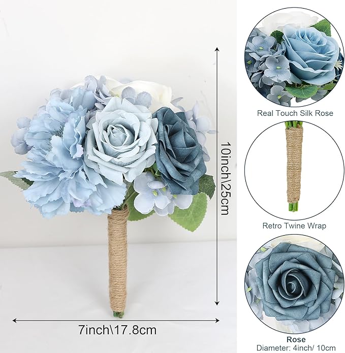 Artificial Bridesmaid Bouquets Set of 6-7 Inch Silk Bouquets for Bridesmaids, Pre-Made Small Wedding Bouquet Fake Flowers for Bridal Shower, Table Centerpieces, PartyDecor - Dusty Blue