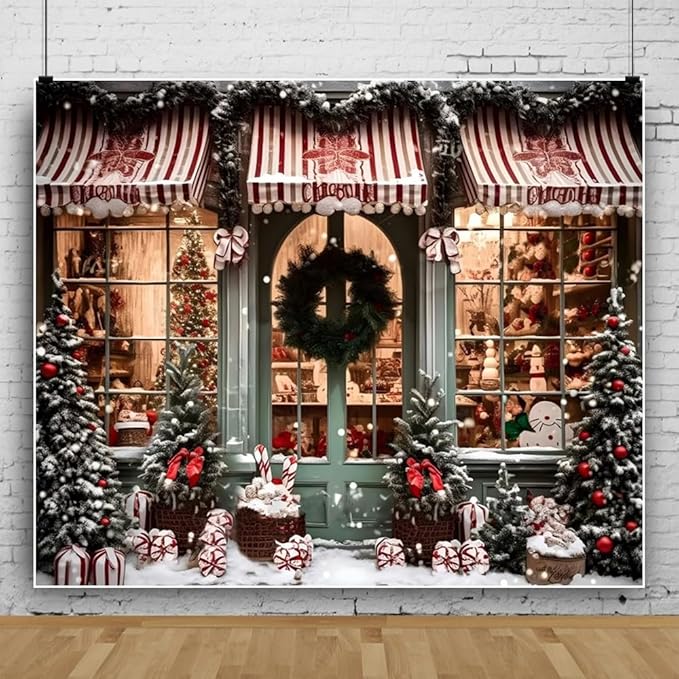 Leowefowa 15x8ft Christmas Photo Backdrop Candy Shop Winter Snowing Background Winter Vintage Window Merry Xmas Tree Baby Festival Family Decor Party Banner Photo Supplies Prop