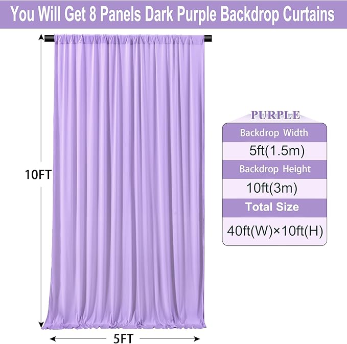 40ft×10ft Wrinkle Free Lavender Backdrop Curtain for Party, 8 Panels 5×10ft Soft Silky Polyester Light Purple Lilac Photo Backdrop Drapes for Birthday Baby Shower Mother's Day Wedding Photography