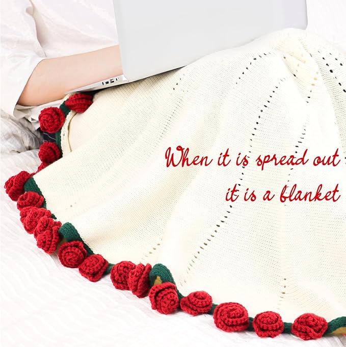 cagulax Birthday Gifts for Women Valentines Day, Rose Crochet Flowers Bouquet Blanket, Anniversary Wedding Graduation Gifts for Couples Wife Girlfriend Friends, Soft Rose Knitted Blanket 31 Inches