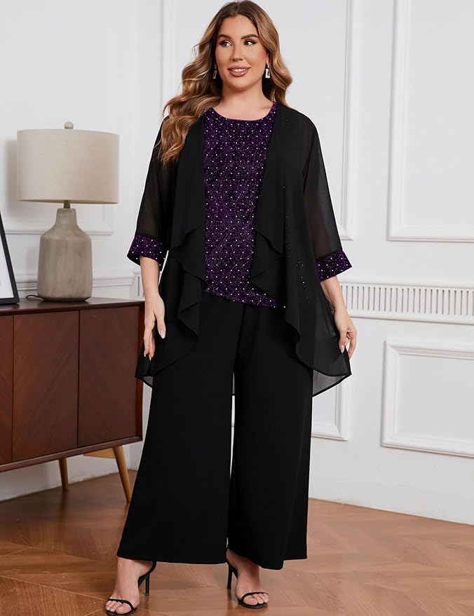ZOMVA Plus Size 3 Piece Formal Pantsuit Sparkly Chiffon Jacket Set Dressy Outfit Mother of The Bride Groom Wedding Cocktail