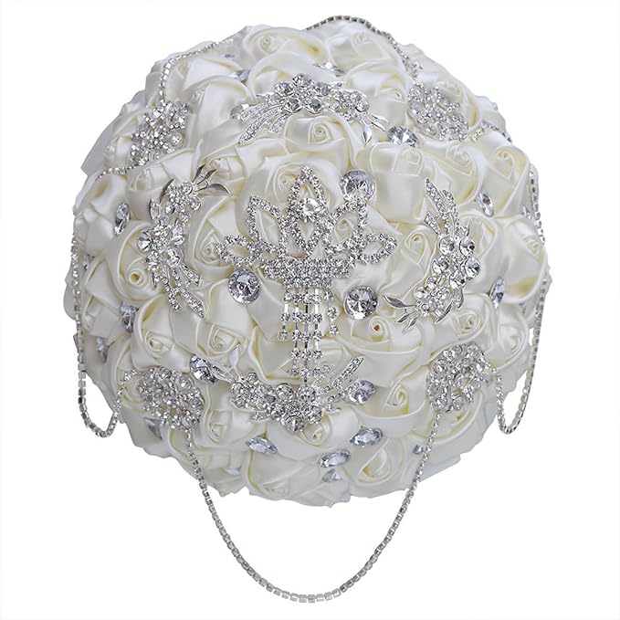 Ivory Bridal Wedding Bouquet with Bling Brooch Rhinestone String Cascade Satin Rose Flower Bouquet for Bride Bridesmaid Quinceanera Wedding Ivory 7.1in