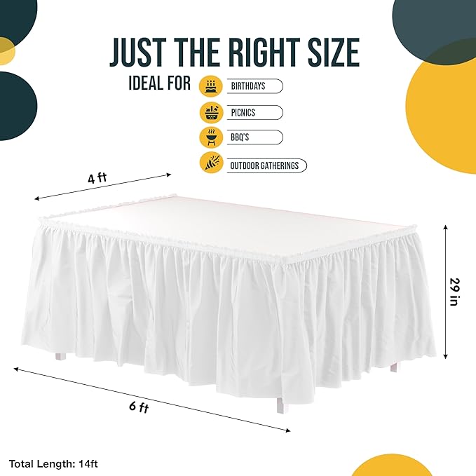 Exquisite Ruffle Table Skirt White Pack Of 12, 14 Ft Long Table Skirts for Rectangle Tables 6ft Plus or Round Tables Skirts with Adhesive Strip for Gender Reveal Decor & Happy Birthday Parties