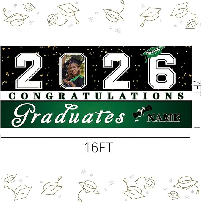 Custom Graduation Garage Door Banner Decoration 7x16ft with Photo Congrats Garage Door Cover 2026 Party Photo Booth Backdrop Party Supplies(Dark Green)