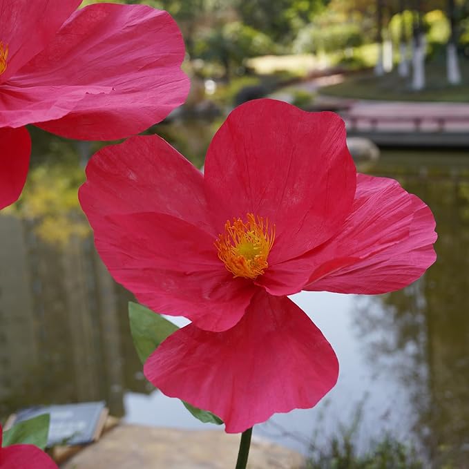 Large Paper Artificial Flowers,Giant Flowers for Decoration,Huge Handcrafted Poppy Fake Flowers with Stand for Home Decor Bridal Shower Party Outdoors Yard Event Backdrop Decor (red)