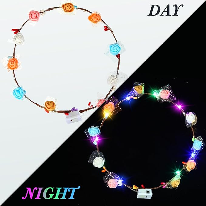 Syhood Valentines Day Gifts, 50 Pcs LED Flower Crowns Headbands, Light up Flower Crowns for Women, Glow in the Dark Headband for Wedding Birthday Mardi Gras Cosplay Princess Party Favors(Plum Blossom)