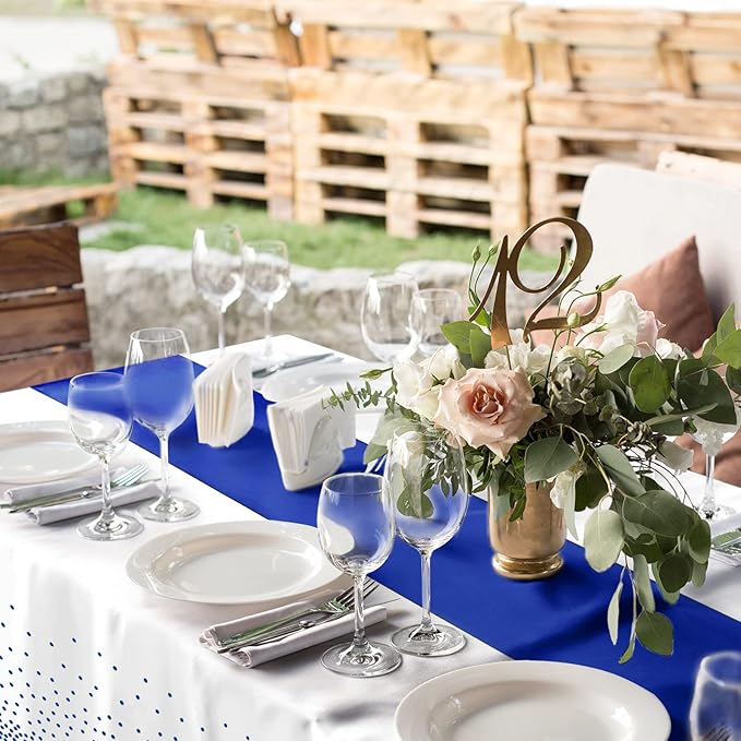 16Pack Disposable Plastic Tablecloths and Satin Table Runner Set White and Blue Dot Tablecloth Blue Satin Table Runner for Wedding Birthday Baby Shower Anniversary Christmas New Year Party Supplies