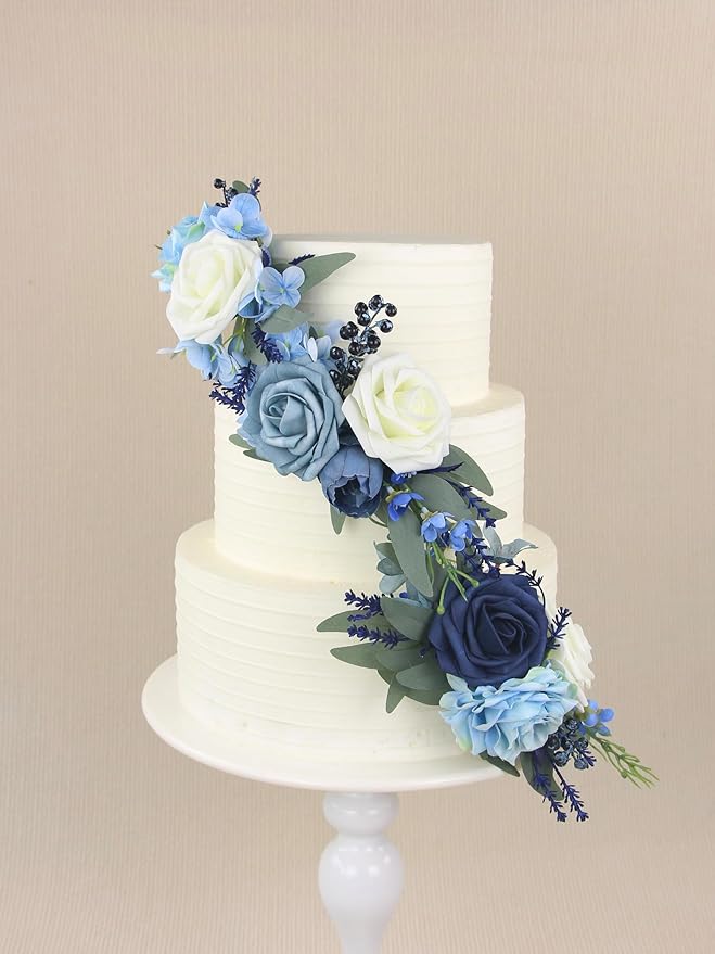 Rinlong 3Pcs Pre-made Cake Flowers Navy Blue Cake Decorations Wedding Cake Decorating Flowers Decor Christening Birthday Baby Shower Baptism Party Cake Toppers