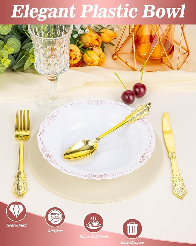 100 Pack White Plastic Bowls with Rose Gold Rim, 12oz Plastic Dessert Bowl, Bowls Disposable Heavy Duty for Hot Soup, Dessert, Salad, Cake, Ice Cream, Fruit for Valentine's Day