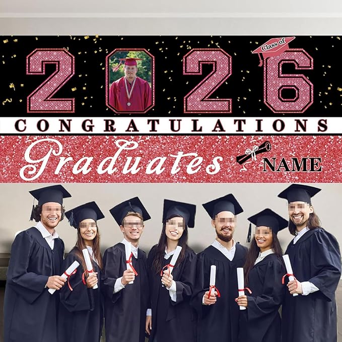 Custom Photo Graduation Garage Door Banner Personalized 2026 Grad Banner 7x16ft Porch Door Sign Decoration Outdoor Photo Booth Backdrop Party Supplies(Rose Gold Pink)