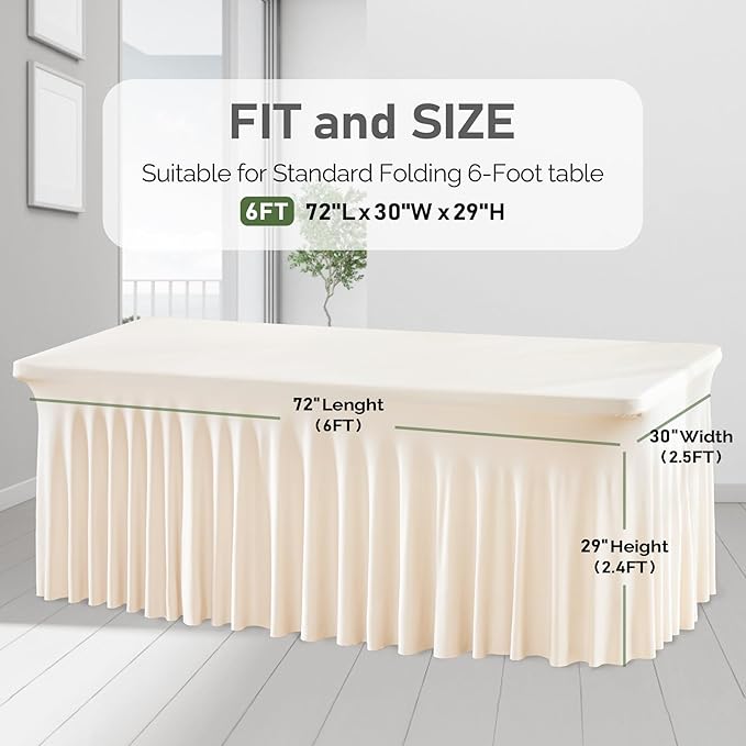 6 Packs Ivory Table Clothes for 6 Foot Rectangle Tables, One-Piece Wrinkle Resistant Stretch Spandex Table Covers with Skirt for Event Banquet Wedding Birthday Party
