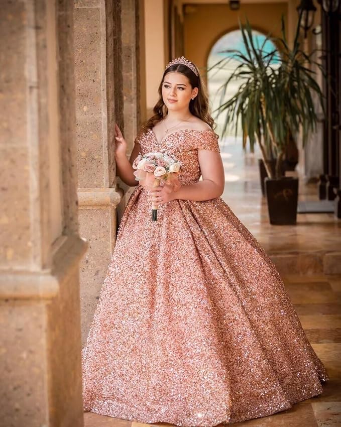 Quinceanera Dress Long Ball Gown Sparkly Sequin Off Shoulder V Neck Prom Dresses