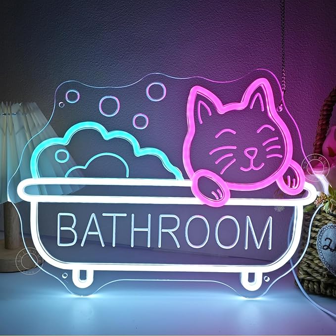 SYLHOME Bathroom Cat Led Neon Light Sign Bath Cat Bathing Home Bathroom Kids Room Funny Wall Sign Decor Birthday Christmas Party 15.75" X 11.4" USB