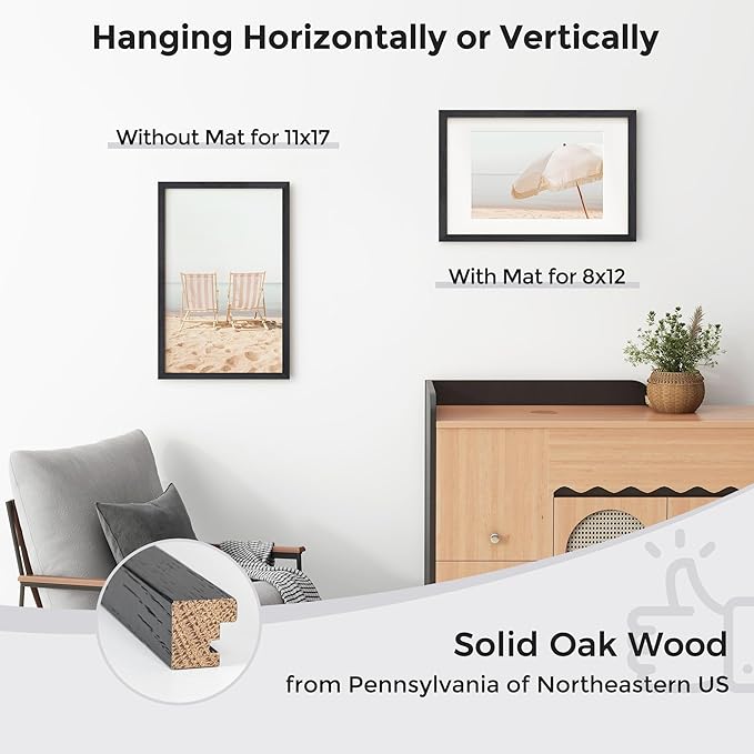 Axeman Oak Wood 11x17 Picture Frame with Mat for 8x12, Tempered Glass, Natural Wall Decor, Black