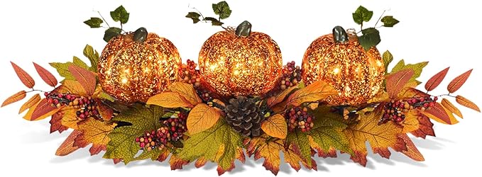 Fall Table Centerpiece with 3 Harvest Pumpkins, Lighted with Timer for Thanksgiving Table Decorations Centerpieces, Autumn Home Decor Battery Operated, 28 Inches