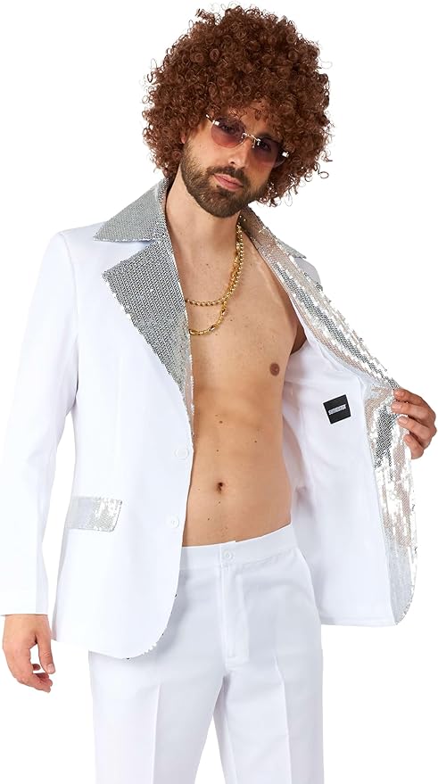 Suitmeister Men's Disco Costume Suit - Saturday Night Fever Outfit - Slim Fit - Including Blazer and Flare Pants - White