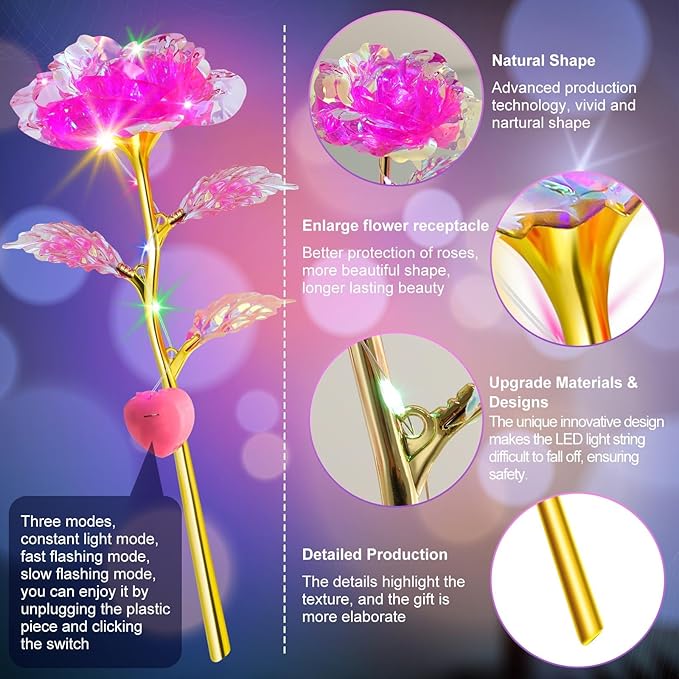 Lyrow 24 Pcs Valentines Galaxy Rose LED Light up Rose Flower Gifts Crystal Artificial Rainbow Flower for Valentine Lover Girlfriend Mom Her Mother's Day Birthday Wedding Gift, 9.84 Inches (Pink)