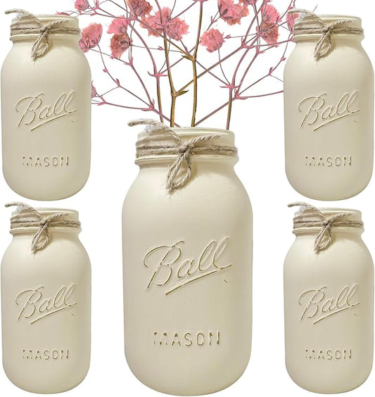 Mason Jar Centerpieces for Tables, Set of 5-32 oz Hand-Painted Ivory Mason Jars for Wedding, Baby Shower, Bridal Shower - Rustic Bridal Shower Centerpieces for Tables (5 Ivory Jars - No Flowers)