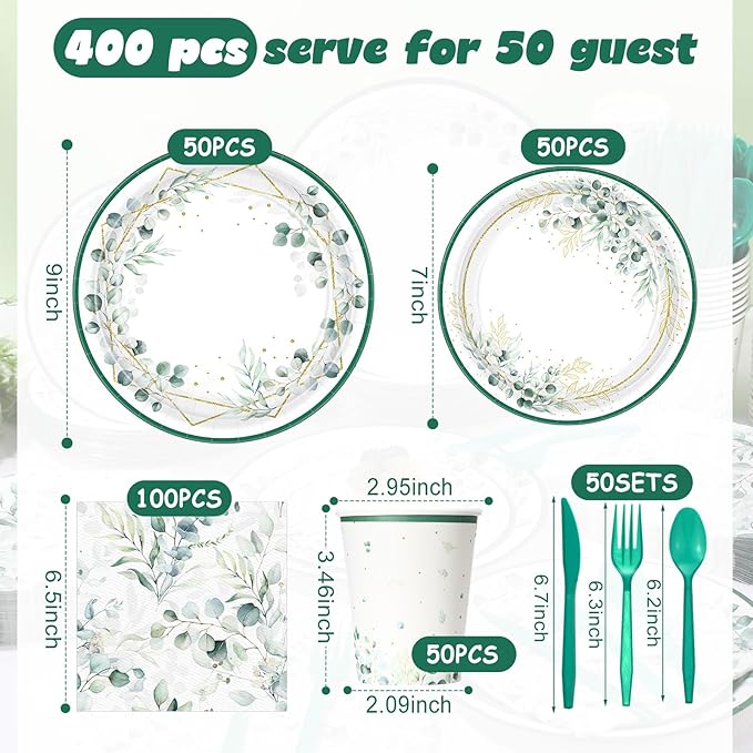 400 Pcs Sage Green Color Party Supplies Serve 50 Guests Eucalyptus Flowers Disposable Paper Plates Napkins and Cups for Bridal Baby Shower Birthday Wedding Party Decorations(Fresh)