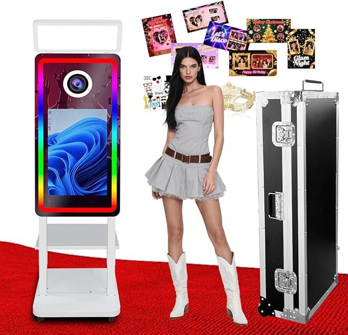 Magic Mirror Photo Booth Machine with Camera, 40in Mirror Photobooth with 21.5" Touch Screen, Built-in Mini PC, with Cooling Fan, for Parties, Birthdays, Trade Shows (White, with Camera no Printer)