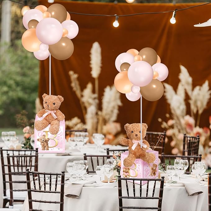 Lenwen 6 Sets Baby Letter Boxes Decorations Table Centerpieces for Baby Shower Gender Reveal,Bear Stuffed Animals Balloon with Stand Plush Toy Boxes for Birthday Party Wedding(Bear,Pink)