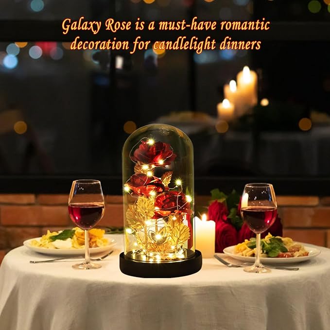 Valentines Day Rose Gifts for Her Galaxy Flower Rose in Glass Dome with 2 Light Modes,Enchanted Rose Light Up Rose Valentines Anniversary Birthday Gifts for Wife Girlfriend Women Mom Best Friend Her