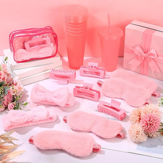 30 Pcs Spa Party Favors for Women Sleepover Party Supplies 6 Bow Headband 6 Eye Mask 6 Hair Clip 6 Cosmetic Bag 6 Glitter Plastic Cup for Adult Spa Birthday Bachelorette Gift(Pink)