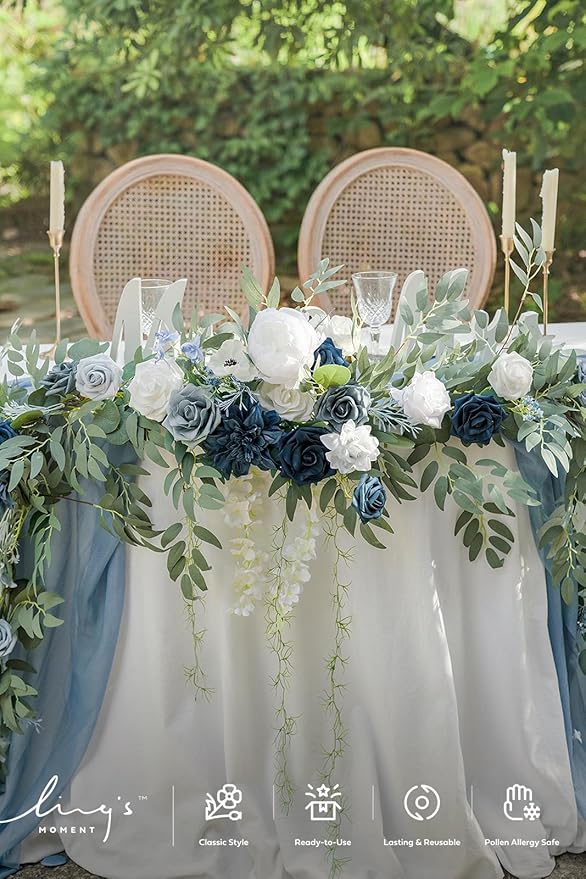 Ling's moment 9FT Spring Flower Garland- Wedding Arch Flowers for Backdrop Decoration, Eucalyptus & Rose, Artificial Floral Garland for Mantle - Sweetheart Head Table Decor for Reception, Dusty Blue