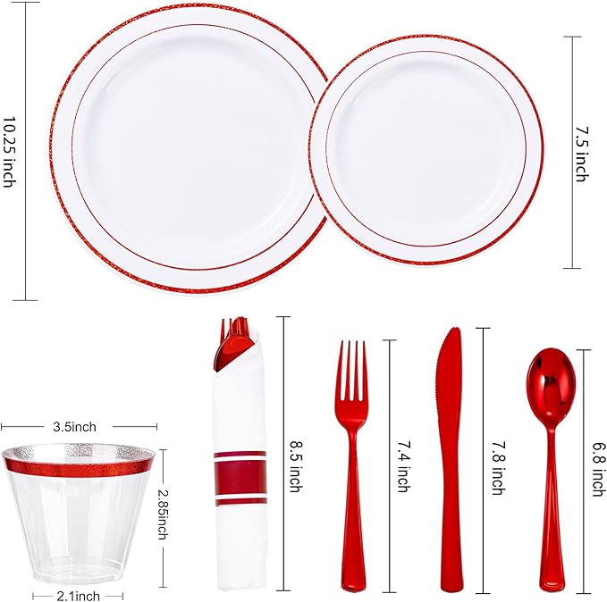 WELLIFE 210 Piece Red Plastic Dinnerware Set, Disposable Plates for Party,Include: 30 Dinner Plates, 30 Dessert Plates, 30 Pre Rolled Napkins with Gold Silverware and 30 Gold Cups