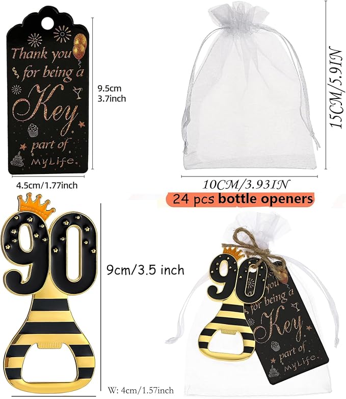24pcs 90th Gold Keychain Bottle Opener 90th Birthday Party Favors, 90 Keychain Beer Bottle Opener Favors Anniversary Souvenirs Return Gifts for Guests Party Decor Supplies (black 90)