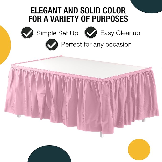 Exquisite Ruffle Table Skirt Pink Pack Of 12, 14 Ft Long Table Skirts for Rectangle Tables 6ft Plus or Round Tables Skirts with Adhesive Strip for Gender Reveal Decor & Happy Birthday Parties