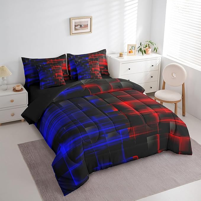 Feelyou Red and Blue Comforter Set with Sheets 7 Piece Queen Size Geometric Bed in a Bag Strip Lines Bedding Set Abstract Art Bed Set with Comforter, Sheets,Pillowcases,Cushion Covers