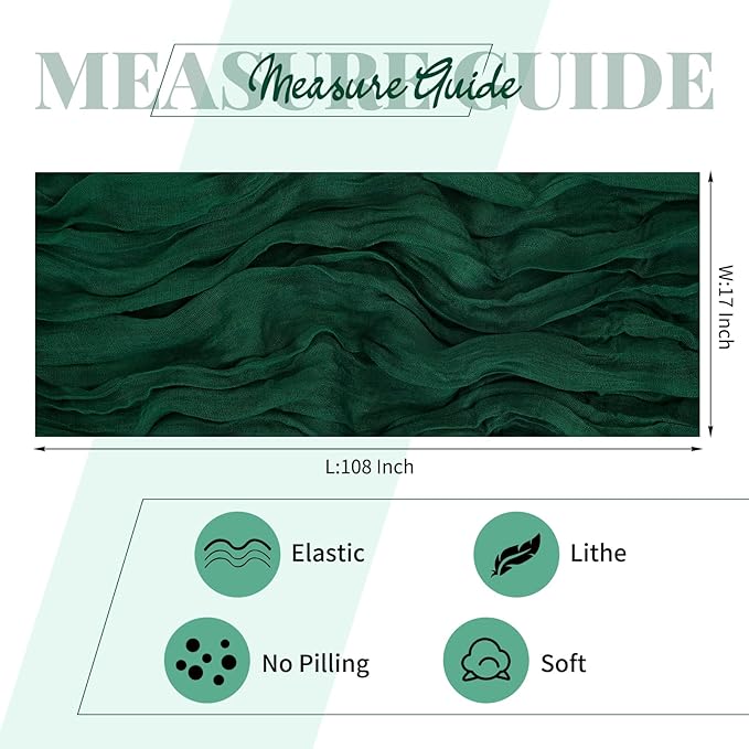 25 Pack Emerald Green Cheesecloth Table Runner 17 x 108 Inch Fall Thanksgiving Boho Rustic Farmhouse Gauze Cheese Cloth Runner for Wedding Party Baby Shower Home Decor Holiday Decorations