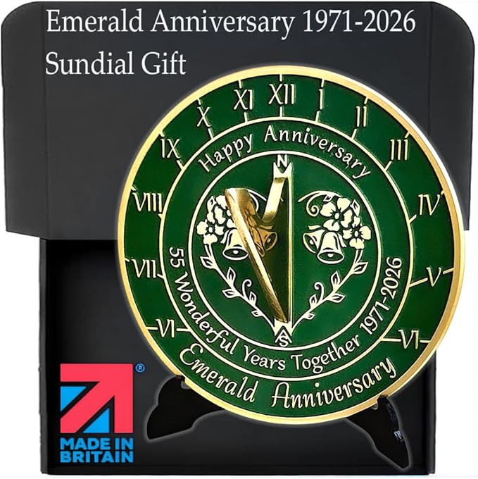 Anniversary Sundial Gift for 55th Emerald Wedding Anniversary in 2026 - Recycled Metal Home Decor Or Garden Present Idea - Handmade in UK for Him, Her Parents Or Couples 55 Year Celebration
