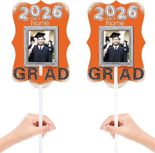 Personalized Graduation Double Sided Face Fan Class of 2026 Customized Graduation Head Face Cutout with Handle Fun Photo Prop Supplies(A-Orange and Black,24pcs)