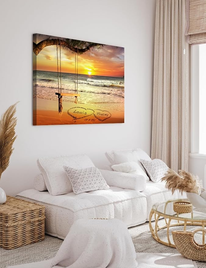 IPIC - "Eternal Love Personalized Canvas Wall Art, Custom Beach Sunset Scene with Names and Date in Sand, A Personalized Gift for Couple, Wedding, or Anniversary, Coastal Home Decor