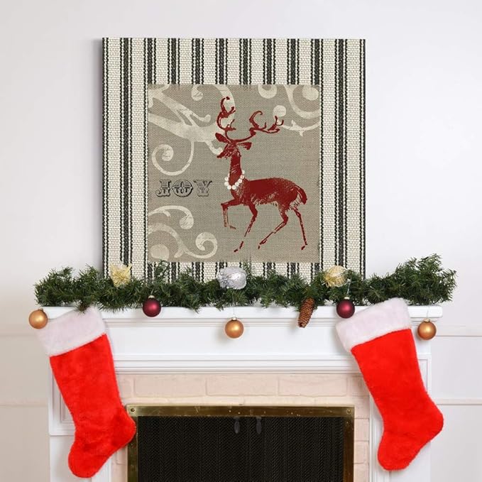Renditions Gallery Joy Reindeer Wall Art, Cute Christmas & Winter Decor, White & Red with Striped Fabric Look, Premium Gallery Wrapped Canvas, Ready to Hang, 32 in H x 32 in W, Made in America