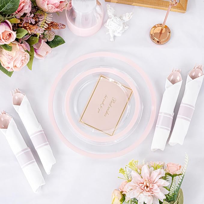 I00000 350 Pcs Clear Pink Plates for 50 Guests, Pink Dinnerware Include 100 Plates, 50 Cups, 50 Pre Rolled Napkins with Cutlery Set for Party and Wedding