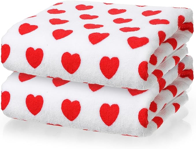 Frienda 2 Pcs Valentine Hearts Cotton Bath Towels Gift Set 55 x 28 Inch Galentine Decoration Red Pink Hearts Soft Cotton Bath Towels for Valentine Gifts Home Travel Swim Bathroom Shower Supplies(Red)