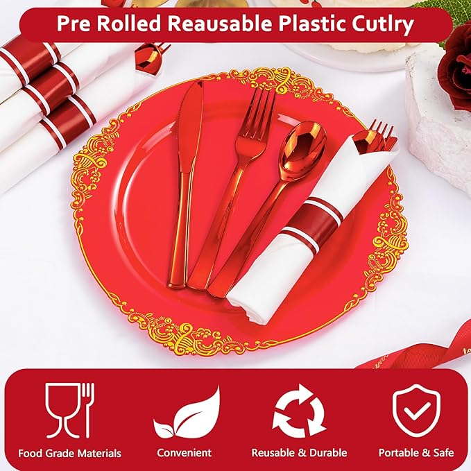 400PCS Pre Rolled Red Plastic Silverware Sets - Heavy Duty Red Cutlery - Include 100 Pack Wrapped Disposable Utensils with Napkins for Valentine's Day Parties & Dinners & Weddings