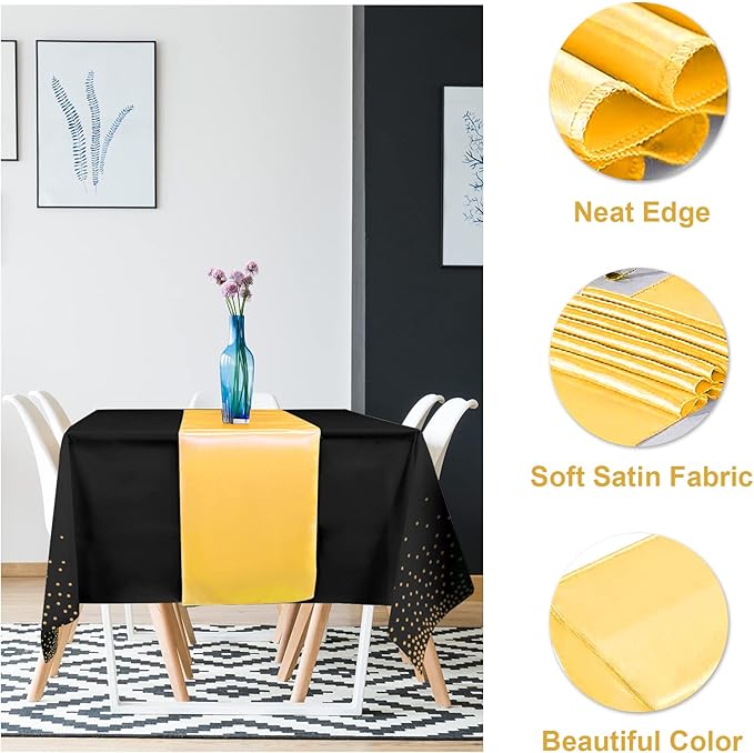 24Pack Disposable Plastic Tablecloths and Satin Table Runner Set Black Gold Dot Table Cloth Gold Satin Table Runner for Graduation Wedding Birthday Baby Shower Anniversary Holiday Party Decorations