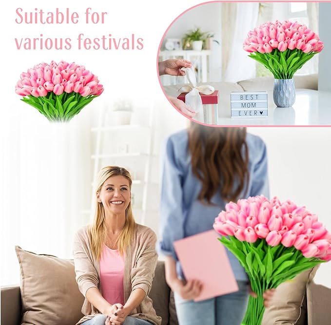 Jexine 100 Pcs Artificial Real Touch Tulips Fake Artificial Tulip Flower Bulk Bouquet with Stem for Table Centerpieces Wedding Bridal Easter Mother's Day Garden Home Decor, 13.4''(Purple Rose)