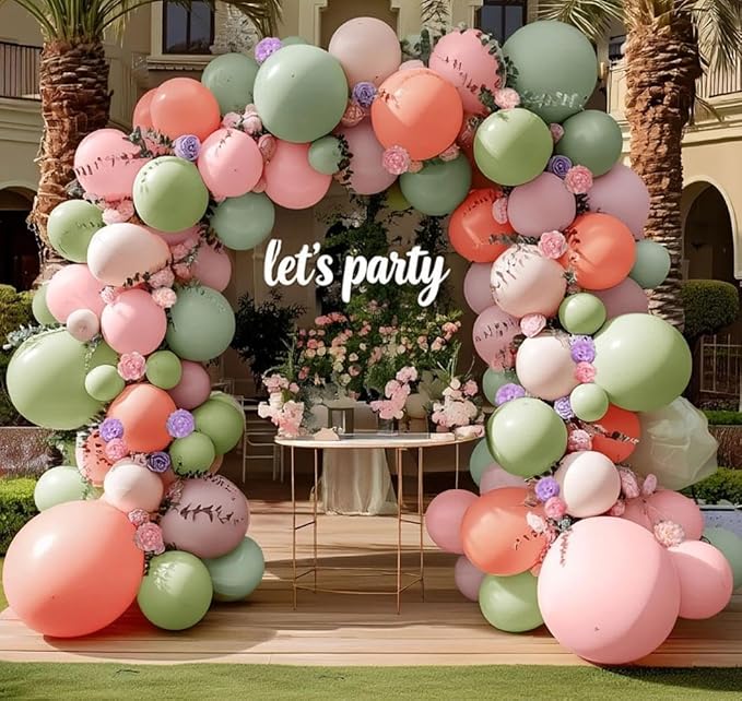 Dusty Green Pink Balloon Arch With Artificial Flower Leaves Double Stuffed Pastel Pink Green Mauve Peach Blush Balloon Garland Kit for Flower Baby Shower Wedding Birthday Floral Easter Tea Party Decor