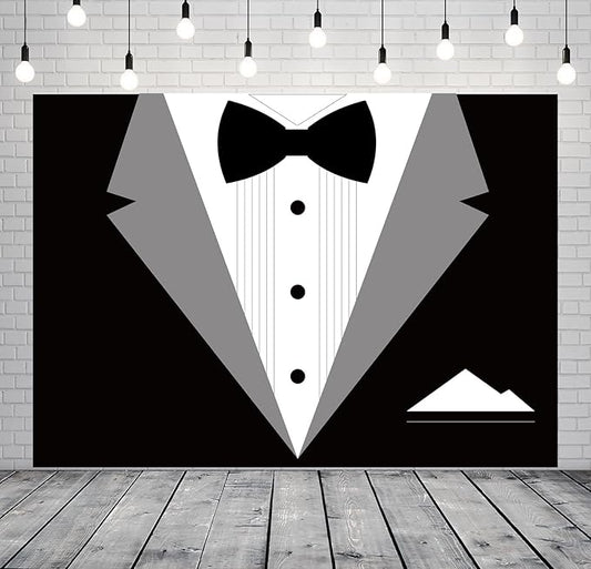 BELECO 10x6.5ft Fabric Gentleman Tuxedo Backdrop Black and White Bow Tie Suit Background Luxury Birthday Dinner Party Decor Banner Boy Men Father Bridegroom Photoshoot Studio Booth Props
