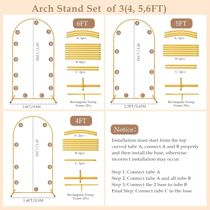Metal Arch Backdrop Stand Set of 3(6 ft, 5 ft, 4 ft) Party Arch Stands for Wedding, Birthday, Baby Shower, Bridal Shower, Balloon Arched Frame for Garden Decor, Gold Floral Arches,Valentines Day