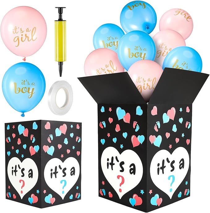 Ireer Gender Reveal Balloon Box with 16 Latex Baby Balloon Release Box Funny Ideas for Gender Reveal Party Decorations Supplies (Boy or Girl,Pink,Blue)